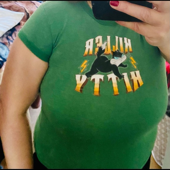 Killer Kitty Cartoon Chaos Cat Looney Toons Vintage Top Green Girls Junior L S/M - Picture 2 of 3